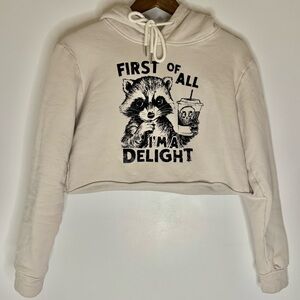 Small Cream Cropped Raccoon Graphic Hoodie First of all I’m a Delight Rocket